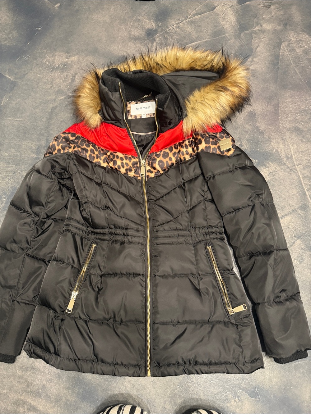 Nine West Black Puffer Jacket with Red Yoke and Leopard Trim